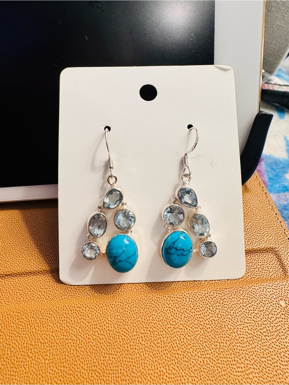 Turquoise & Blue Topaz Chandelier Earrings in Sterling Silver - Picture 7 of 7